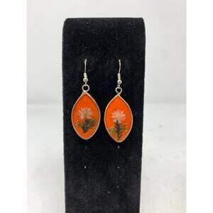 Unbranded Dangle Drop Oval Earrings Pressed Flowers Orange Silver Tone Metal